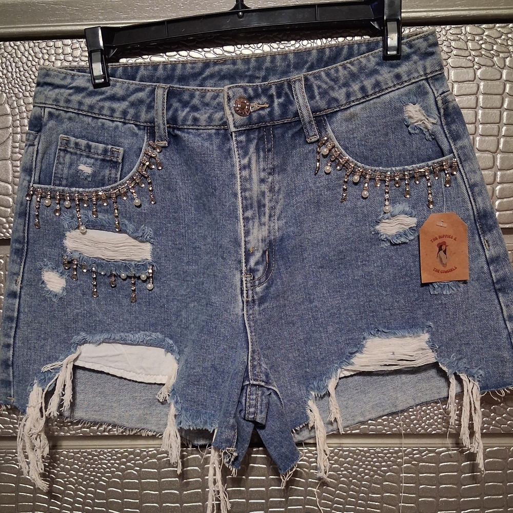 Distressed Blue Denim Shorts with Beaded Fringe